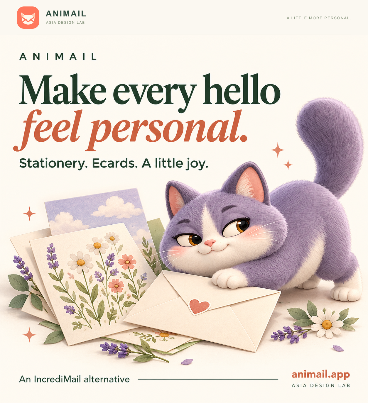 Make every hello feel personal. — ANIMAIL promo card, original logo edition
