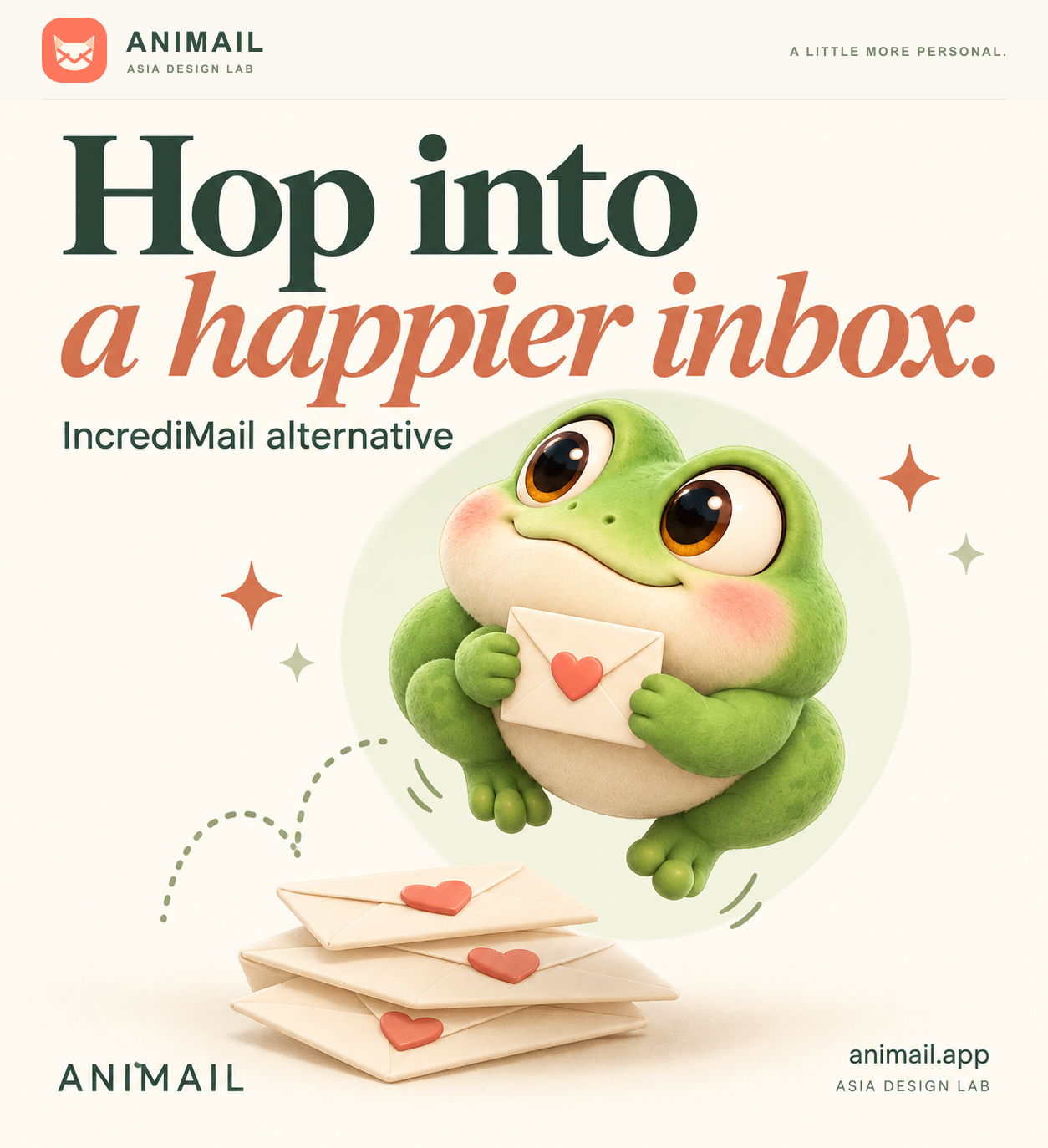Hop into a happier inbox. — ANIMAIL promo card, original logo edition