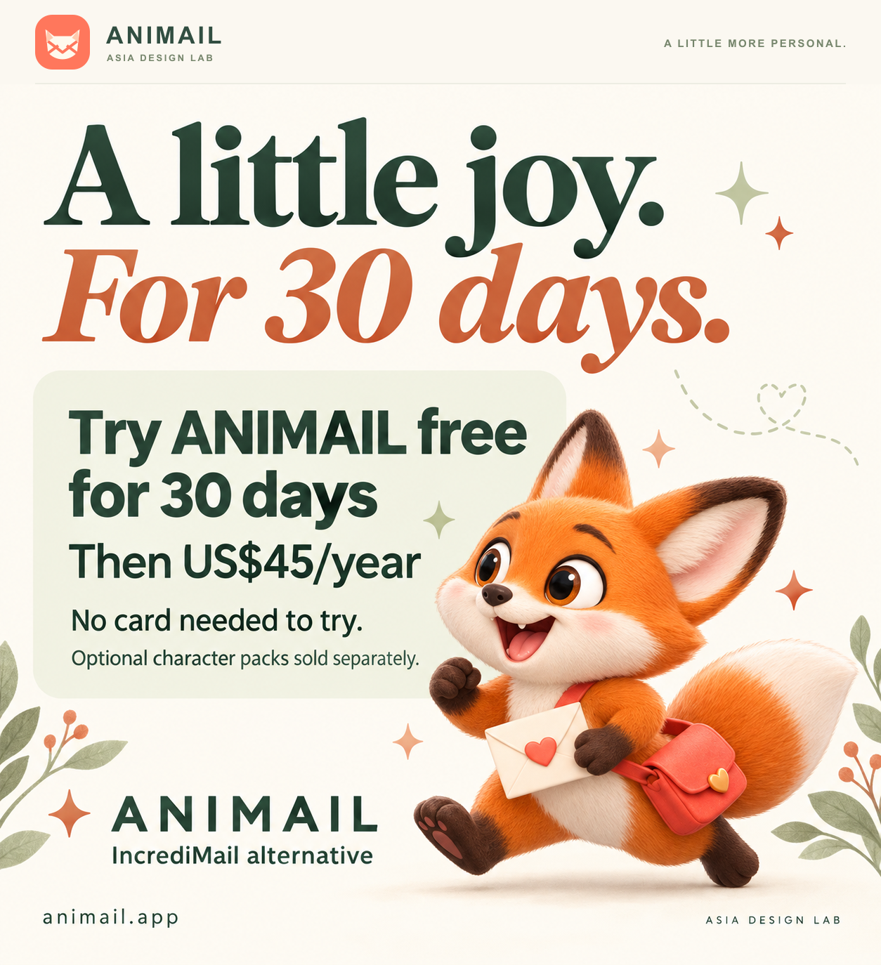 A little joy. For 30 days. — ANIMAIL promo card, original logo edition