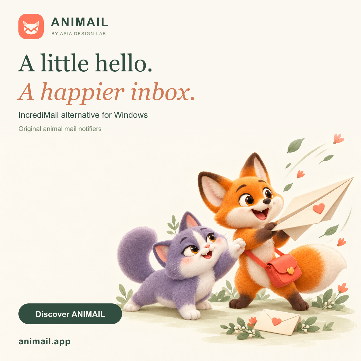 A little hello. A happier inbox. — ANIMAIL promo card, original logo edition