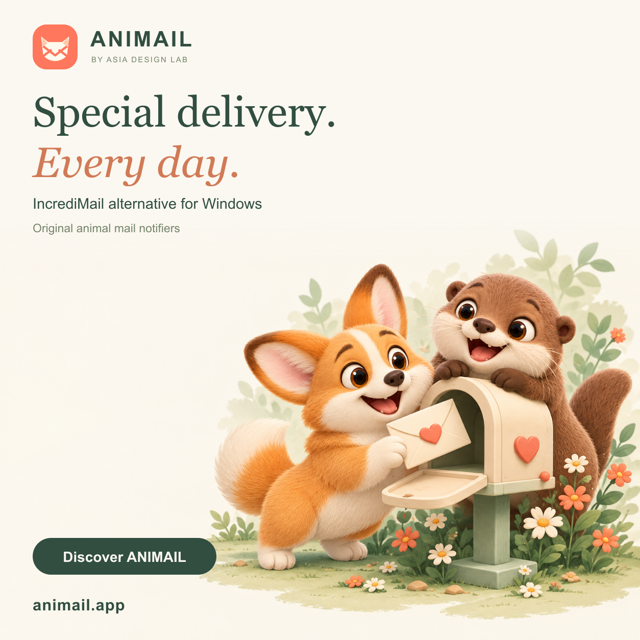 Special delivery. Every day. — ANIMAIL promo card, original logo edition
