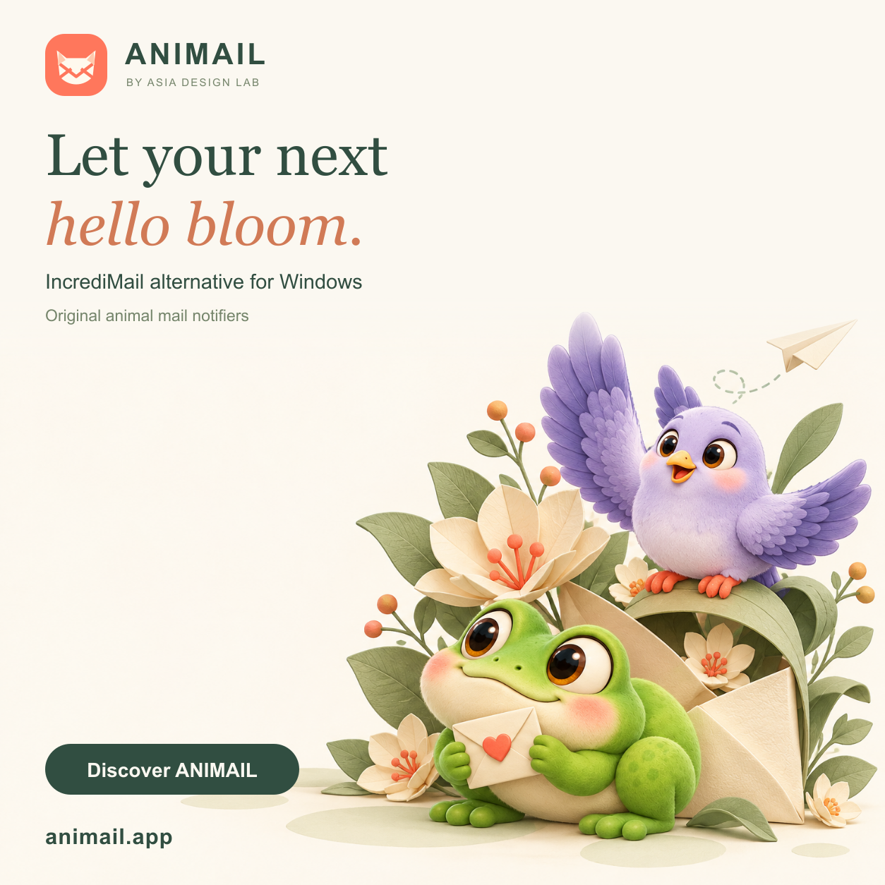 Let your next hello bloom. — ANIMAIL promo card, original logo edition